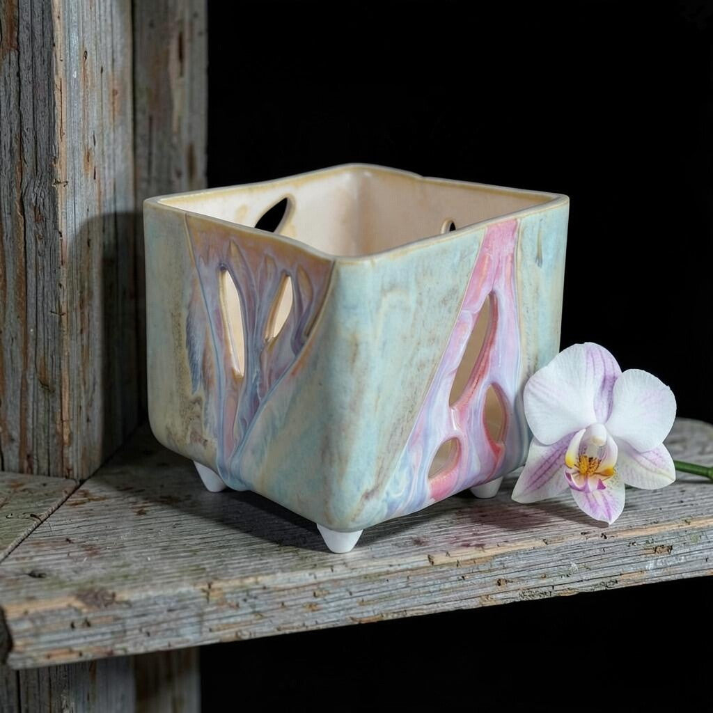 Retro square porcelain orchid pot - Jungle jet