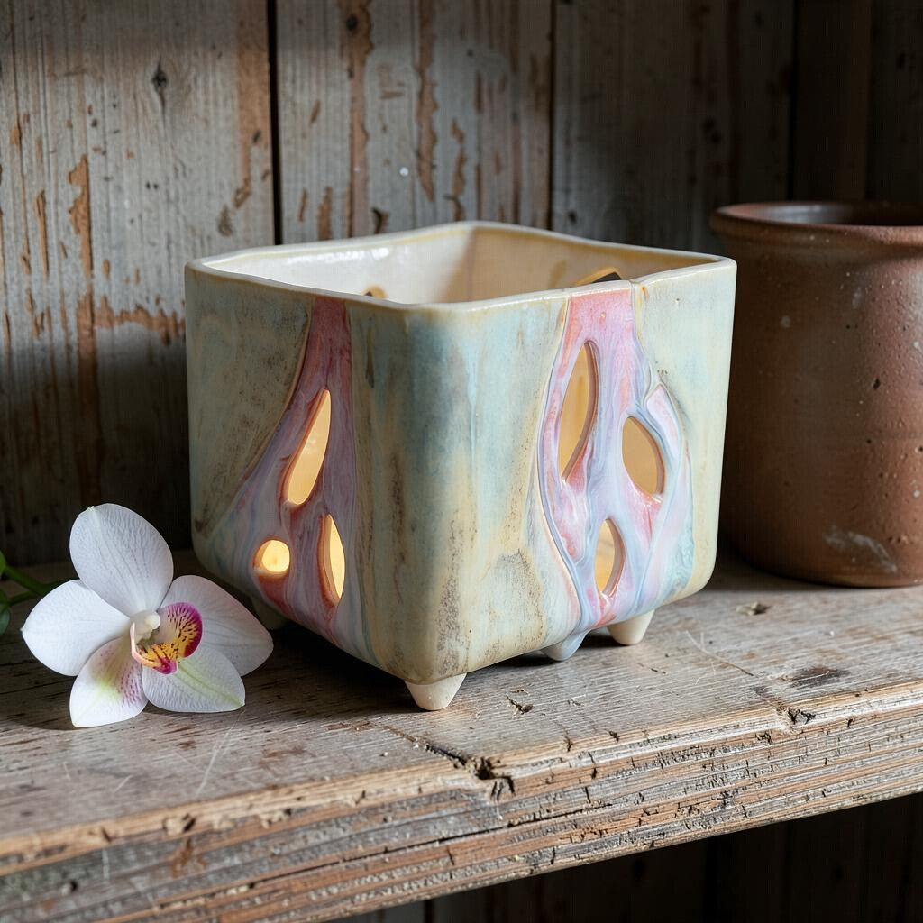 Retro square porcelain orchid pot - Jungle jet