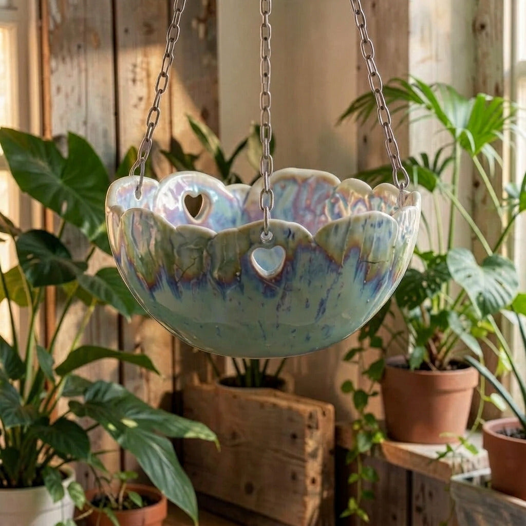Shallow hanging porcelain pot for mini cattleya and dendrobium orchids
