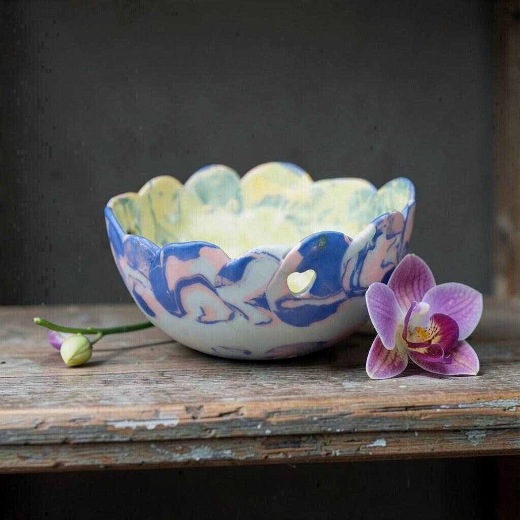 Shallow porcelain pot for mini cattleya and dendrobium orchids