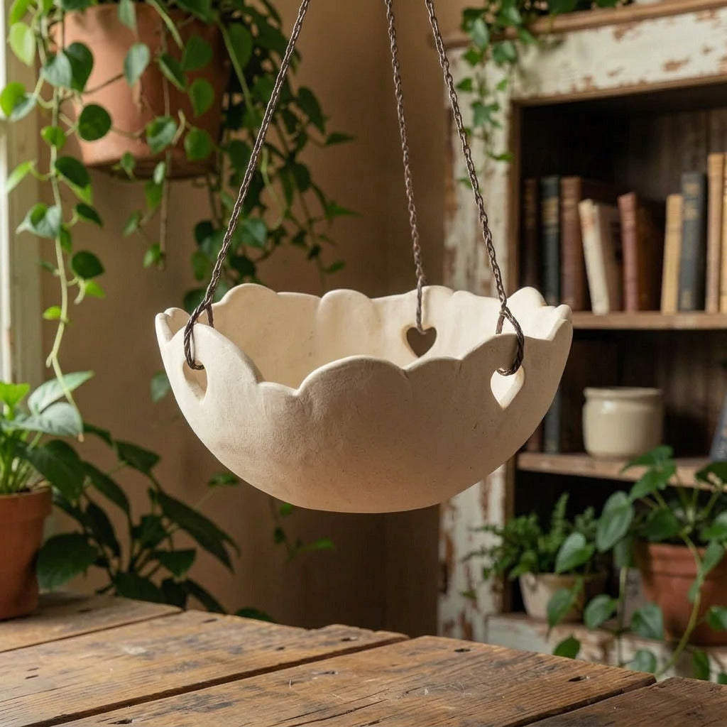 A cream-colored stone hanging planter with scalloped edges and heart-shaped cutouts, suspended by chains in a rustic indoor setting with plants and a bookshelf in the background.